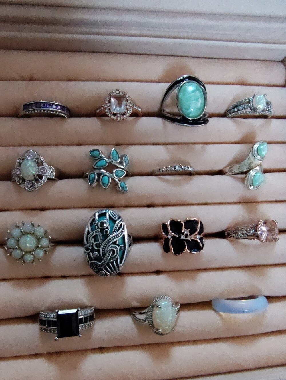 15 Piece Ring Lot Bundle #2 925 Turquoise Opal Rhinestone Statement Rings